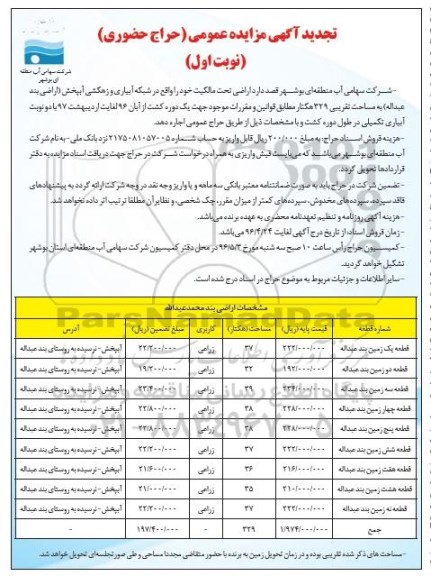 تجدید مزایده عمومی،مزایده اجاره اراضی بند محمد عبداله