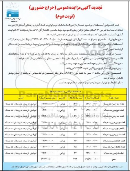 تجدید مزایده عمومی،مزایده اجاره اراضی بند محمد عبداله