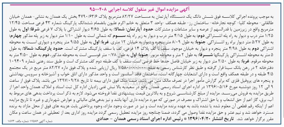 مزایده,مزایده ششدانگ آپارتمان مساحت 82.27متر
