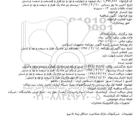 مناقصه برقرسانی به ایستگاه پمپاژ شبکه آبیاری