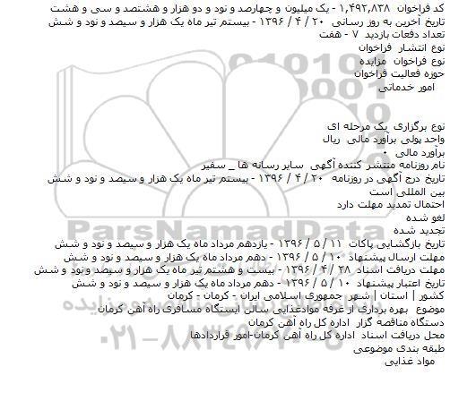 مزایده بهره برداری از غرفه موادغذایی سالن ایستگاه مسافری راه آهن کرمان    