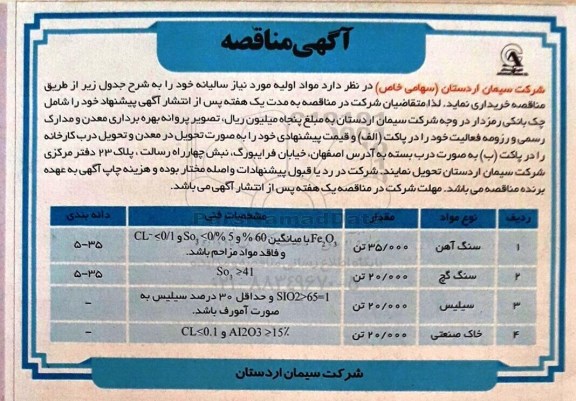 مناقصه, مناقصه مواد مورد نیاز سالیانه خود 