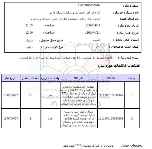استعلام 25 عدد صندلی کارشناشی و 8 عدد صندلی کنفرانسی 