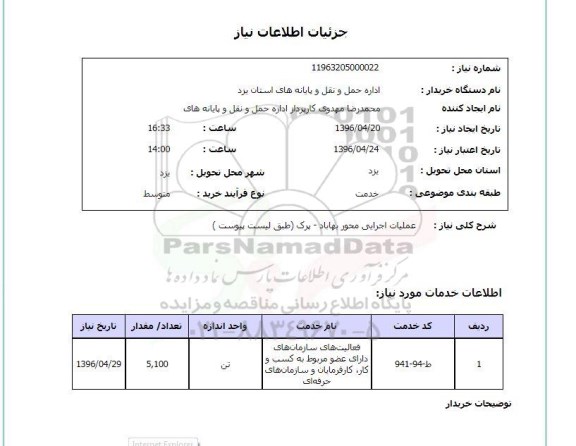 استعلام, استعلام عملیات اجرایی محور بهاباد- پرک