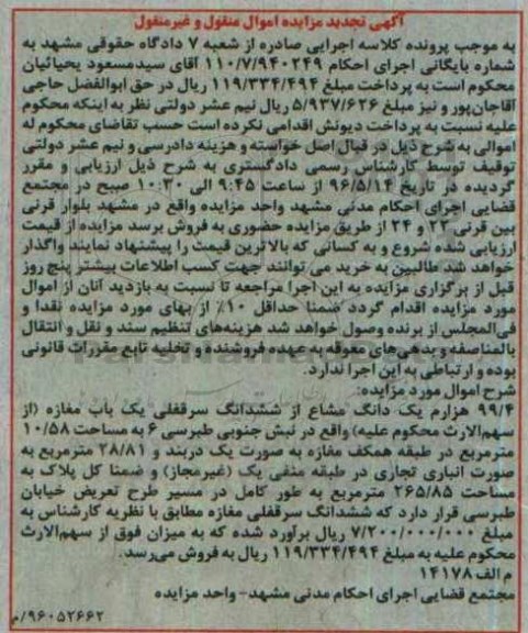 مزایده ,مزایده 99.4 هزارم یک دانگ مشاع از مغازه 10.58متر
