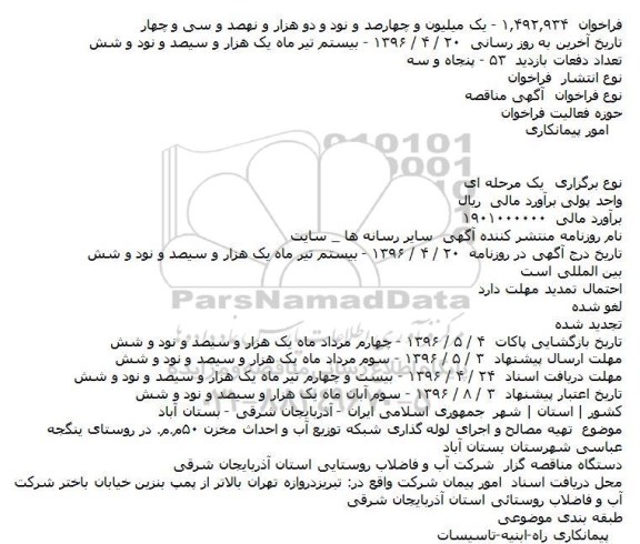 مناقصه  تهیه مصالح و اجرای لوله گذاری شبکه توزیع آب 
