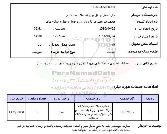 استعلام عملیات اجرایی ساماندهی ورودی و زیرگذر فهرج