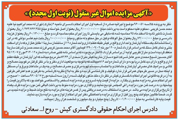 مزایده,مزایده ششدانگ اپارتمان واحد اداری 78متر