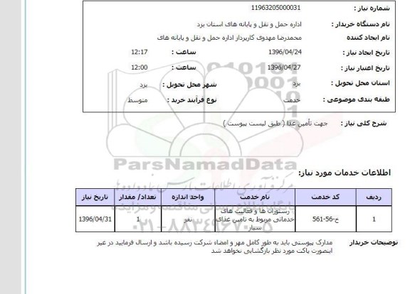 استعلام ,استعلام جهت تامین غذا