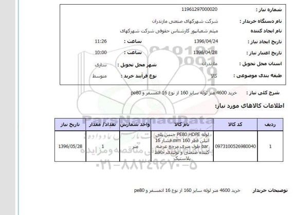 استعلام , استعلام خرید 4600 متر لوله سایز 160 از نوع 16 اتمسفر و pe80
