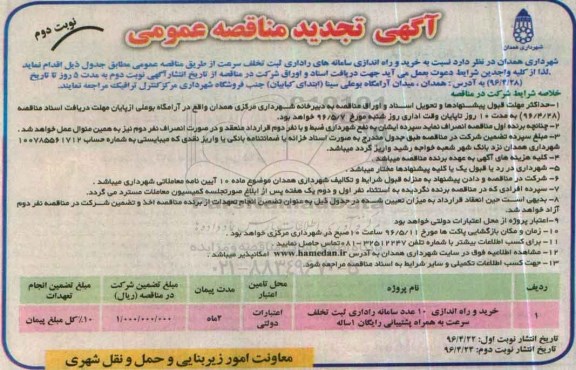 آگهی تجدید مناقصه عمومی , مناقصه نسبت به خرید و راه اندازی سامانه های اداری ثبت تخلف سرعت - نوبت دوم 