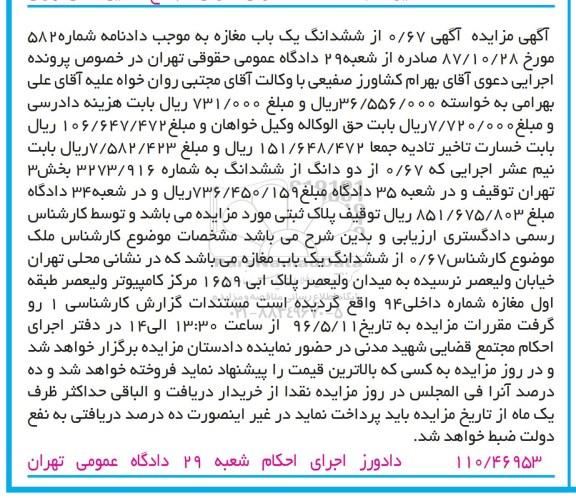 مزایده,مزایده یک باب مغازه خیابان ولیعصر شماره 87.10.28582
