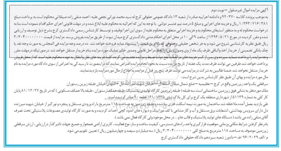 مزایده,مزایده سرقفلی یک واحد زیرزمین مساحت 118متر