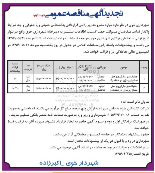 آگهی مناقصه عمومی , تجدید مناقصه عملیات دپو، بارگیری و حمل مصالح زیرسازی - نوبت دوم 