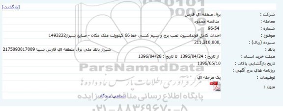 مناقصه , مناقصه احداث کامل فونداسیون نصب برج و سیم کیش خط 66 کیلوولت 