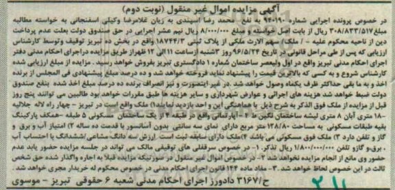 مزایده,مزایده ملک مساحت 128.80متر نوبت دوم