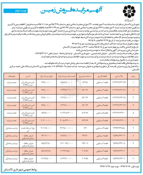 مزایده,مزایده یازده قطعه زمین مسکونی نوبت دوم 