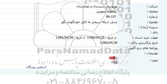 مناقصه عمومی , مناقصه تبدیل شبکه سیمی به کابل خودنگهدار نگور