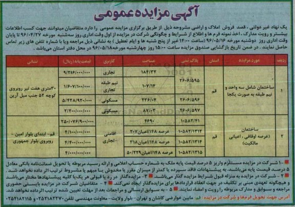 مزایده,مزایده فروش املاک و اراضی کاربری تجاری مسکونی اقامتی
