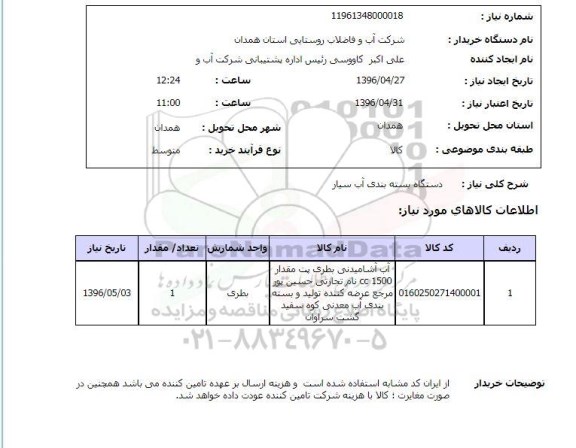استعلام، استعلام دستگاه بسته بندی آب سیار 