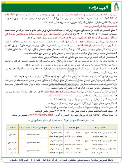 آگهی مزایده , مزایده بهره برداری تعدادی از ایستگاههای عرضه میوه و تره بار همشهری 