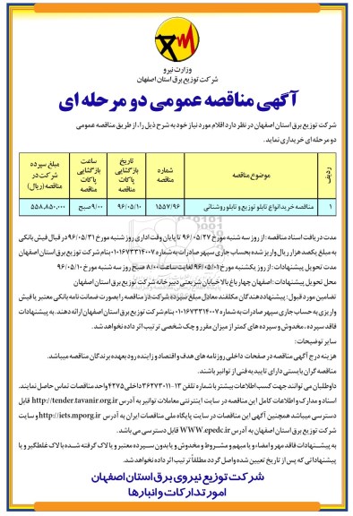 آگهی مناقصه عمومی دو مرحله ای ,مناقصه خرید انواع تابلو توزیع و تابلو روشنایی