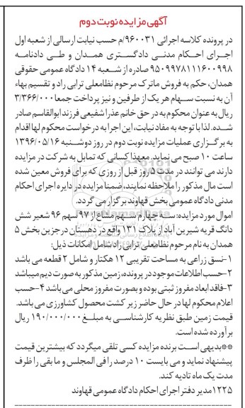 مزایده,مزایده سه چهارم سهم مشاع از 97 سهم 96 شعیر قریه شیرین اباد
