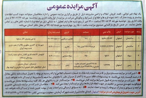 مزایده,مزایده املاک و اراضی کاربری تجاری مسکونی زمین سوله