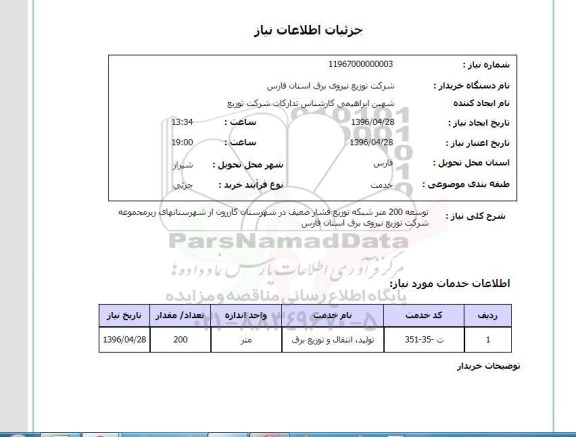 استعلام,استعلام توسعه 200 متر شبکه توزیع فشار ضعیف 