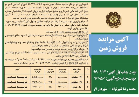 مزایده ,مزایده سه قطعه زمین 310-264-780متر 