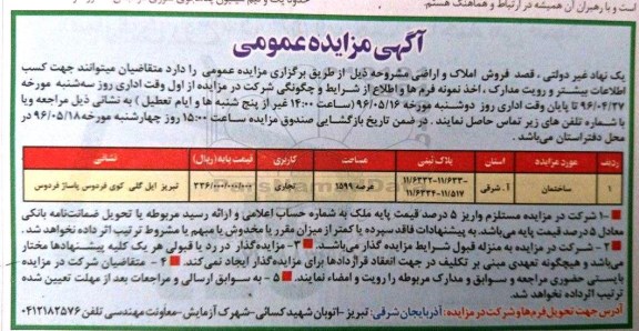 مزایده,مزایده اراضی و املاک مساحت 1599متر