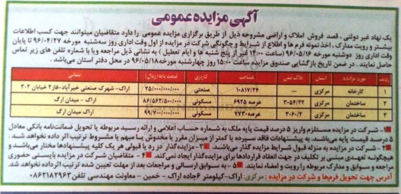 مزایده,مزایده اراضی و املاک کاربری مسکونی صنعتی