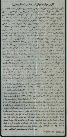 مزایده,مزایده سند مالکیت مشاع پلاک 1820 فرعی