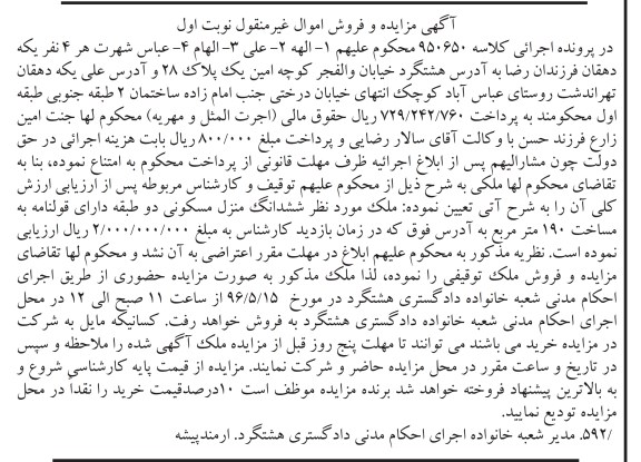 مزایده,مزایده ششدانگ منزل مسکونی مساحت صد و نود متر