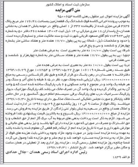 مزایده,مزایده ششدانگ زمین مساحت 176.48متر