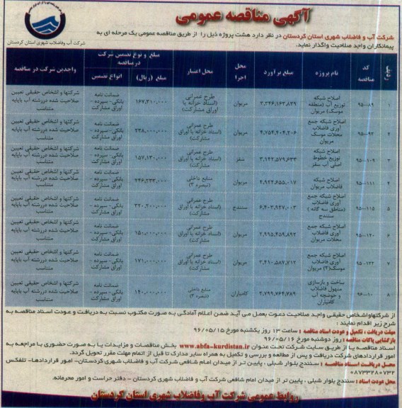 آگهی مناقصه عمومی , مناقصه اصلاح شبکه توزیع آب ...