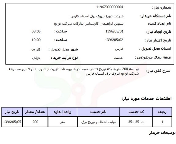 استعلام,استعلام توسعه 200 متر شبکه توزیع فشار ضعیف 