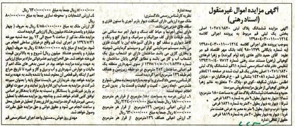 مزایده,مزایده ششدانگ پلاک ثبتی مساحت عرصه 180متر