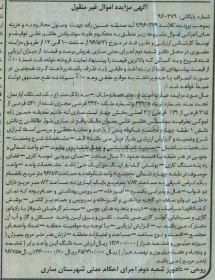 مزایده,مزایده ملک سه دانگ مشاع آپارتمان بخش 4 ثبت ساری 