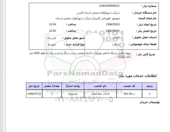 استعلام, استعلام پروژه تکمیل شبکه داخلی توزیع آب ناحیه صنعتی