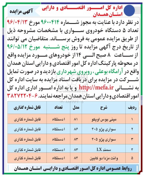 مزایده ، مزایده تعداد 5 دستگاه خودروی سواری