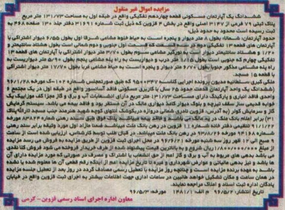 مزایده,مزایده ششدانگ اپارتمان مسکونی قطعه 14 تفکیکی