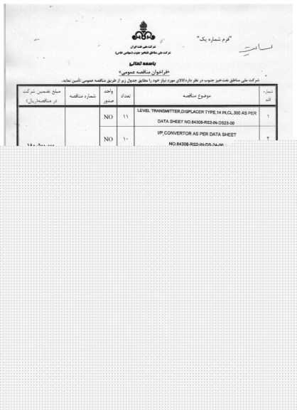 فراخوان مناقصه عمومی، فراخوان مناقصه LEVEL TRANSMITTER, DISPLACER TYPE, 14 IN,CL.300 AS PER ...