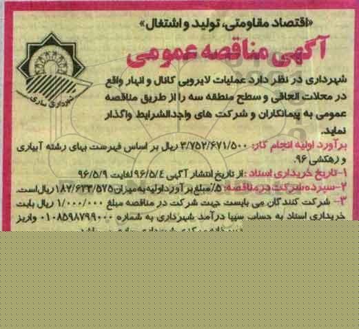 آگهی مناقصه عمومی , مناقصه عملیات لایروبی کانالها و انهار 96.5.4