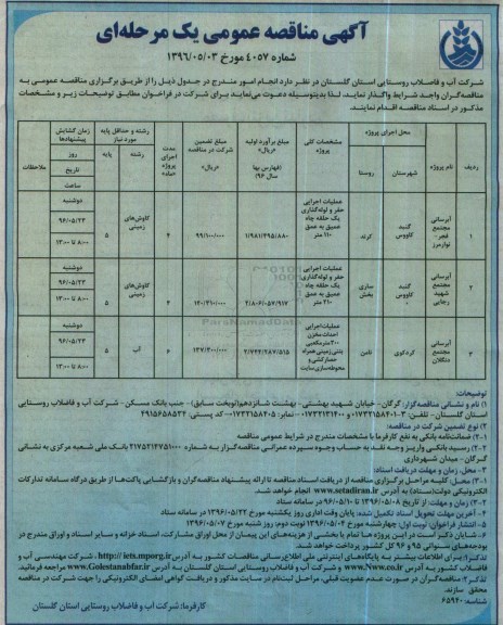 آگهی مناقصه عمومی یک مرحله ای , مناقصه آبرسانی 