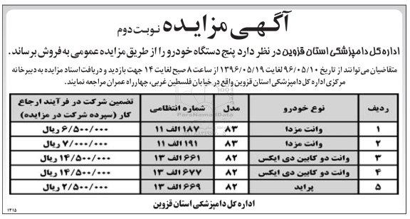 آگهی مزایده، مزایده پنج دستگاه خودرو نوبت دوم