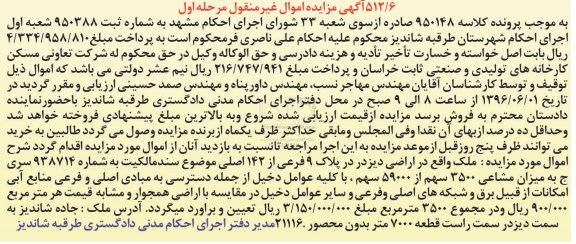 مزایده,مزایده ملک پلاک نه فرعی از 142 اصلی