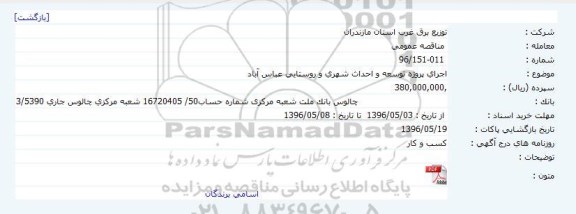 مناقصه عمومی، مناقصه اجرای پروژه توسعه و احداث شهری و روستایی عباس آباد 	