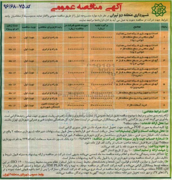 آگهی مناقصه عمومی، مناقصه احداث و بهسازی شبکه های اصلی هدایت آبهای سطحی ...