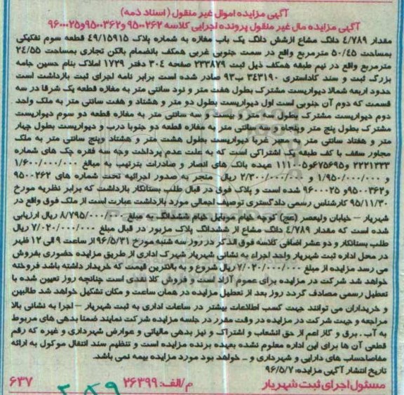 مزایده ,مزایده مقدار 4.789 دانگ مشاع از مغازه